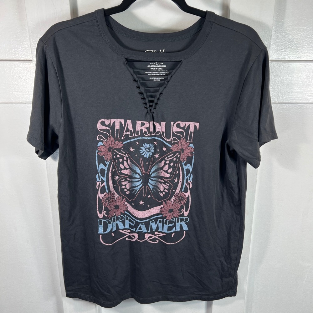 Cold Crush Stardust Dreamer Butterfly Graphic Tee Lattice Neck Gray Large
